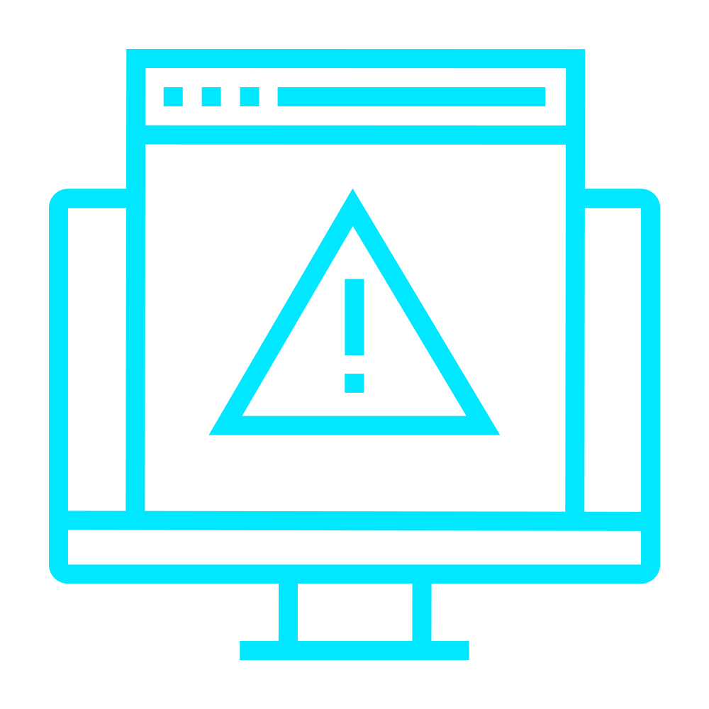 Digital warning alert icon with a computer monitor outline and an exclamation mark inside a triangle in the center.
