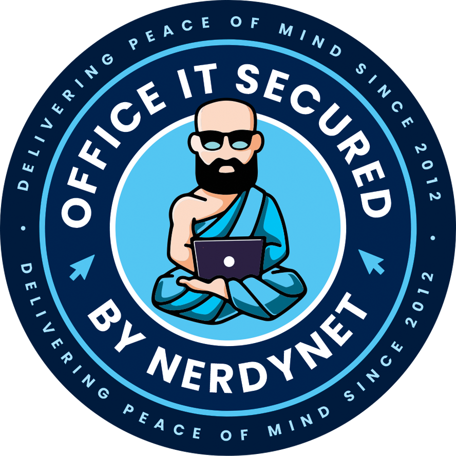 A circular badge for 'Office It Secured' by NerdyNet, featuring a cartoon monk with a beard, sunglasses, holding a laptop. The badge has a blue and black color scheme with text around the circle.
