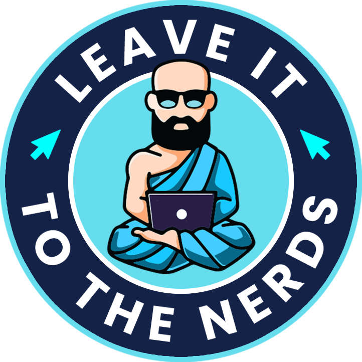 A cartoon figure of a bearded man wearing sunglasses and a towel wrapped around his body, holding a laptop, with the text 'Leave It To The Nerds' around the figure.