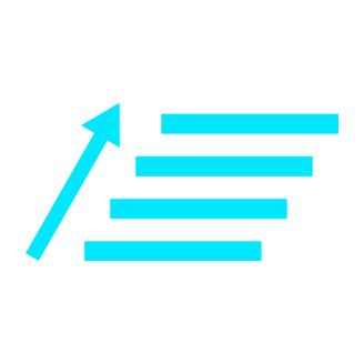 Graphic showing an upward-trending arrow and four horizontal lines of decreasing length, representing growth or progress.