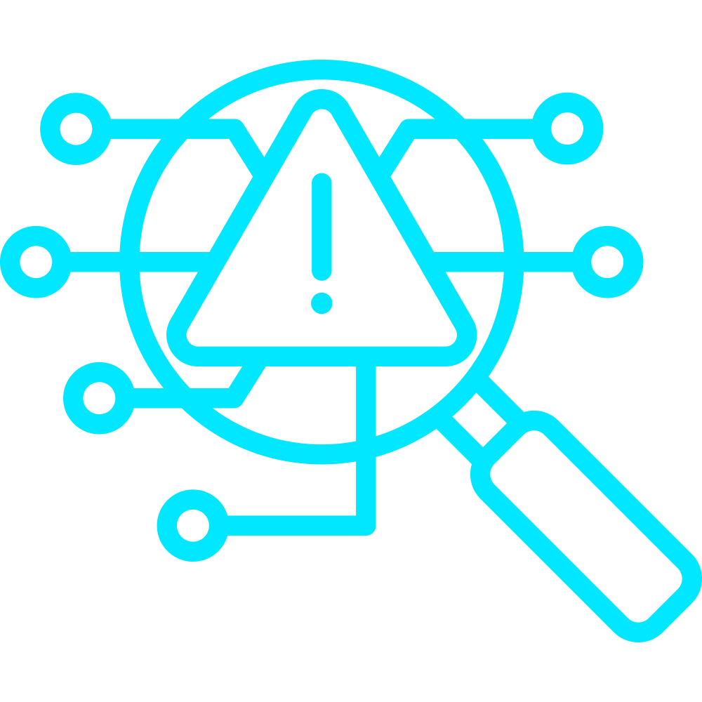 Neon blue outline of a magnifying glass examining a globe with a triangular warning sign and an exclamation mark inside it.