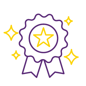 A colorful award ribbon with a star in the center, surrounded by sparkling stars.