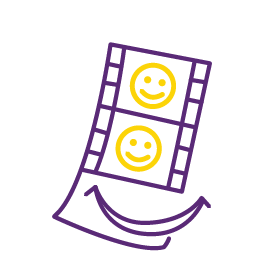 Illustration of two smiley faces on a film strip with a curved arrow below.