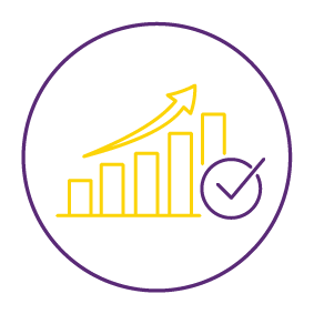 A yellow upward trending bar chart with an arrow, and a purple checkmark inside a circle, all inside a purple outlined circle.