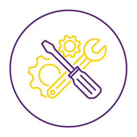 Icon of a screwdriver and wrench crossed over a gear with a smaller gear and a clock in a purple circle.