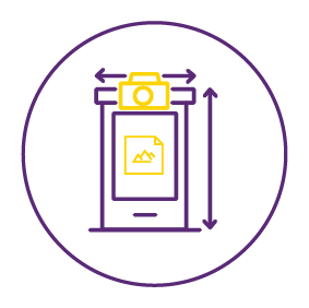 Illustration of a smartphone with a camera icon on top and a photo gallery on the screen, surrounded by a purple circular arrow indicating rotation.
