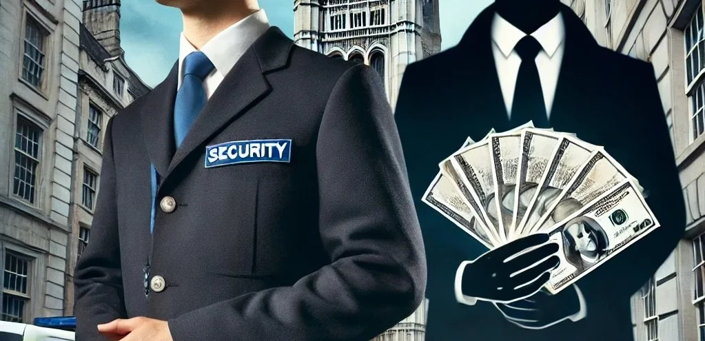 A security guard in a black suit with a blue tie and security badge poses next to a digitally added figure in a black suit with a white shirt and black tie, holding a fan of hundred-dollar bills, in an urban city setting.