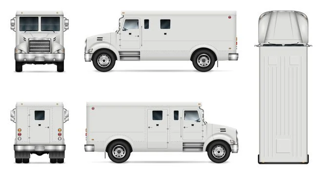 A collage of six images showing a white delivery truck from front, side, rear, top, and bottom views.