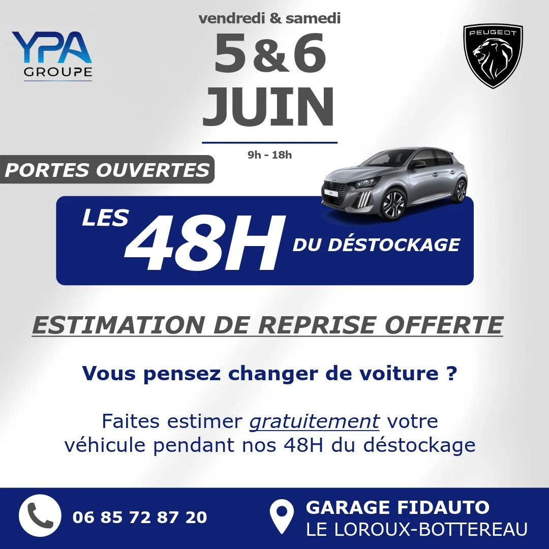 🚗 Vous pensez &agrave; changer de voiture ?

Profitez de nos portes ouvertes pour faire estimer gratuitement votre v&eacute;hicule par notre &eacute;quipe !

📅 Vendredi 5 &amp; samedi 6 juin
📍 FIDAUTO &ndash; 18 route de Barbechat Le Loroux-Botter