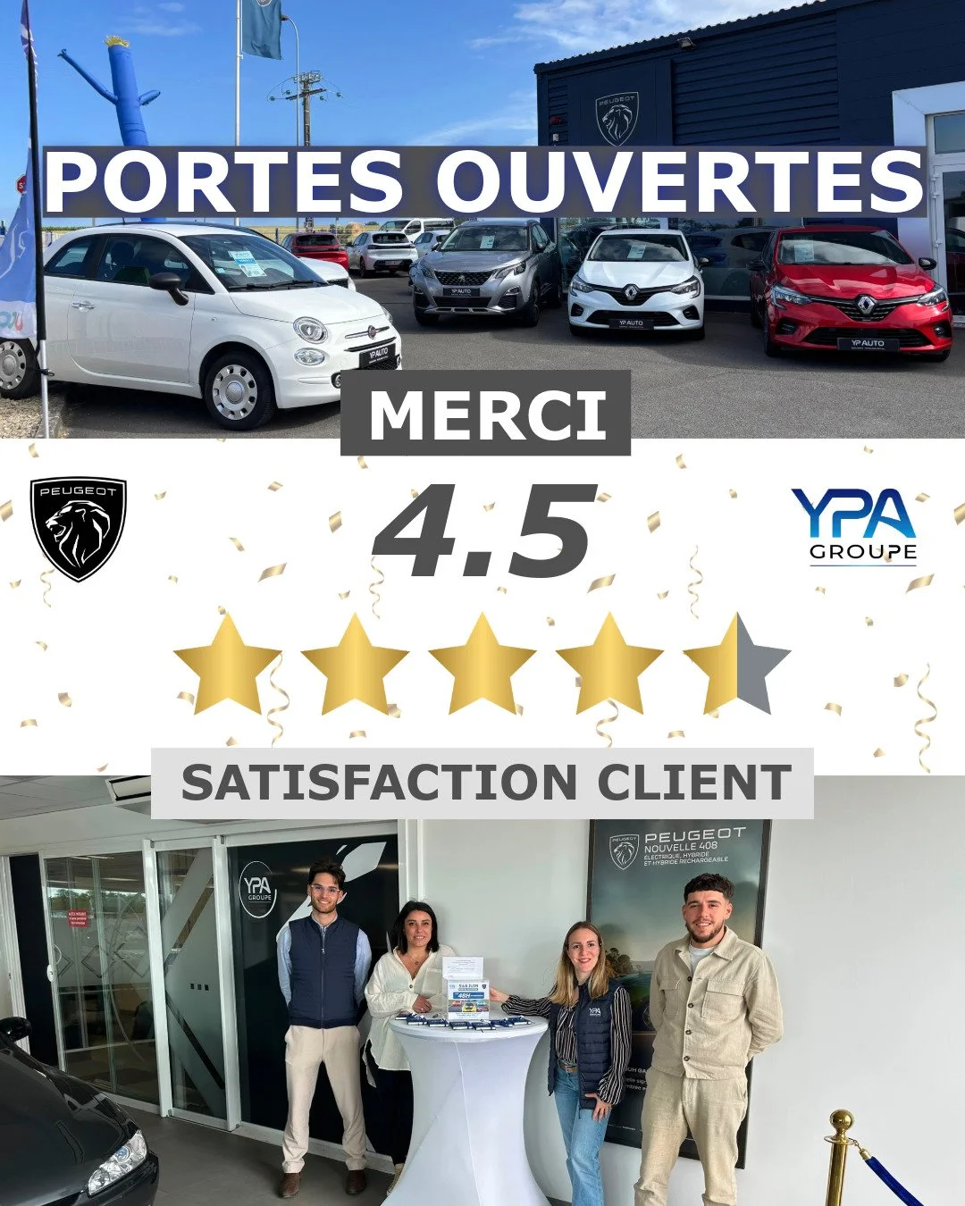[ PORTES OUVERTES 2026 : MERCI &Agrave; TOUS ! ✨🚗]

Nos Portes Ouvertes des 5 et 6 juin sont d&eacute;sormais termin&eacute;es, et toute l'&eacute;quipe du Garage Peugeot Fidauto et du Groupe YPA vous remercie chaleureusement pour votre pr&eacute;se