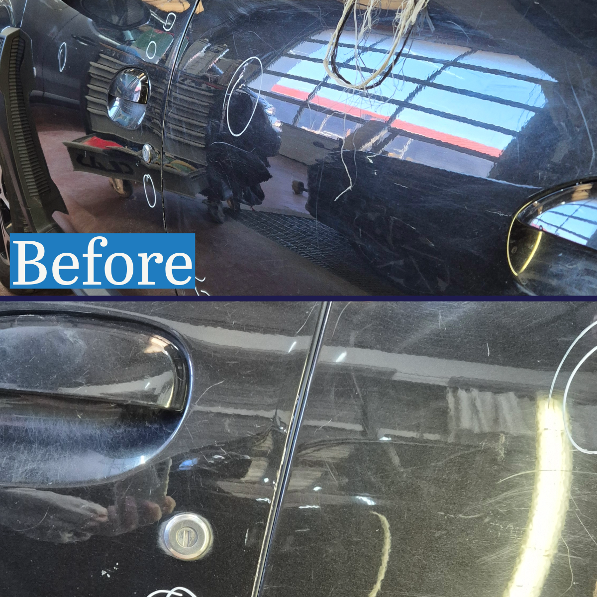 Photo de deux voitures avec des rayures et des éraflures sur la surface noire de la carrosserie, montrant une phase avant de réparation.