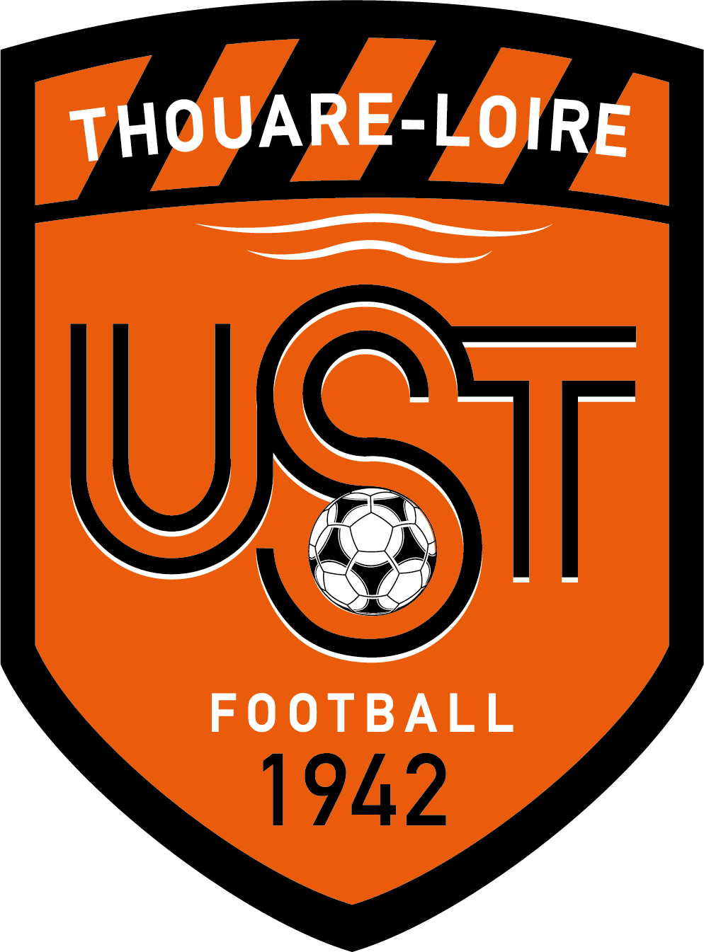 Logo du club de football de l'US Thoure-Loire, avec une balle de football, année 1942, couleurs orange, noir et blanc. Partenaire du Groupe YPA.
