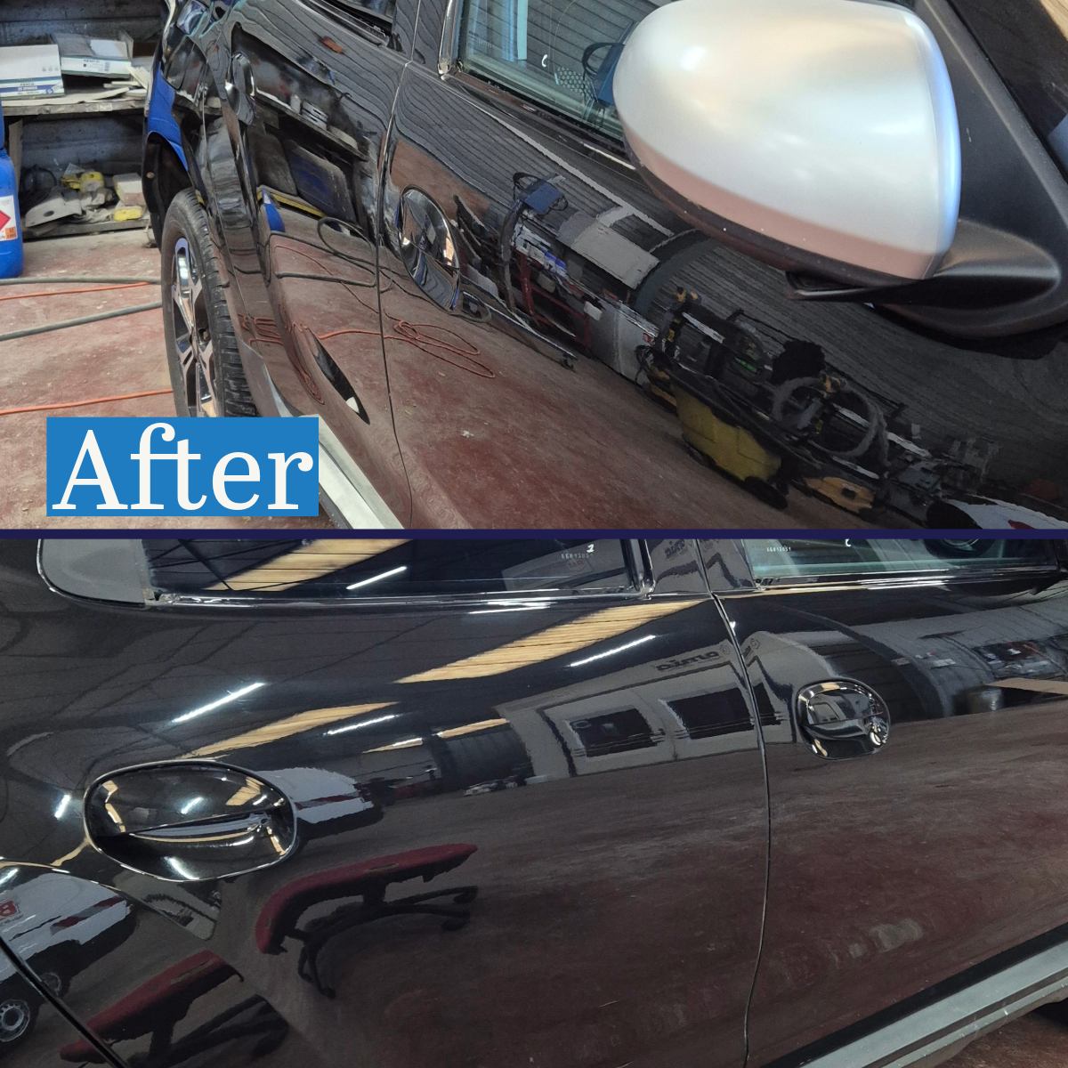 Un véhicule de couleur noire montrant une surface avant et après nettoyage en profondeur, la partie avant est impeccable et brillante après le nettoyage.