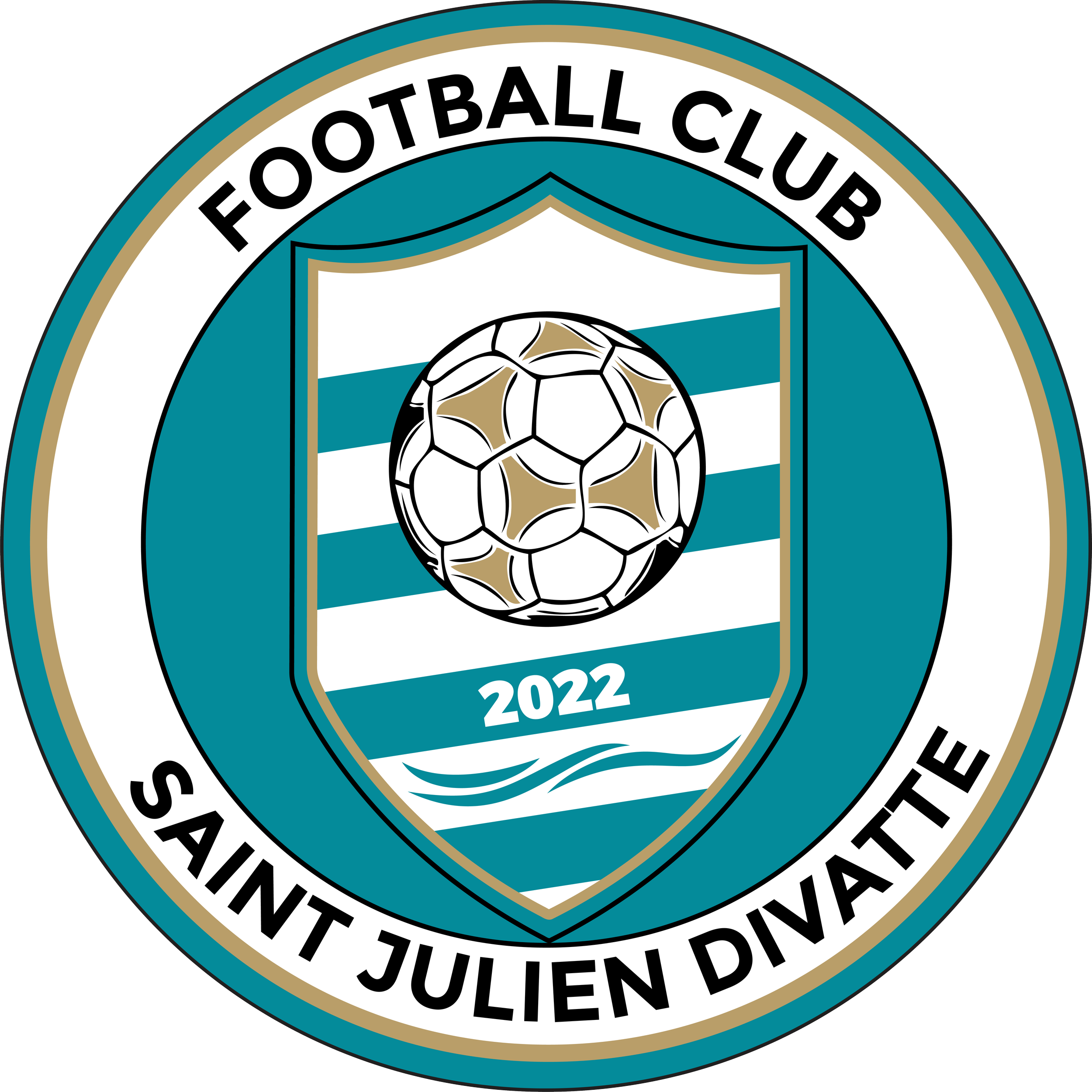 Logo du club de football de Saint Julien Divatte, année 2022, comprenant un ballon de football au centre, avec le nom du club en cercle et des éléments graphiques bleus et blancs. Partenaire du Groupe YPA.