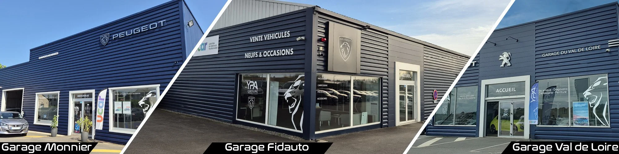 Trois images de garages automobiles avec enseignes, véhicules et vitrines, indiquant différents noms et services liés à la vente et la réparation de voitures.