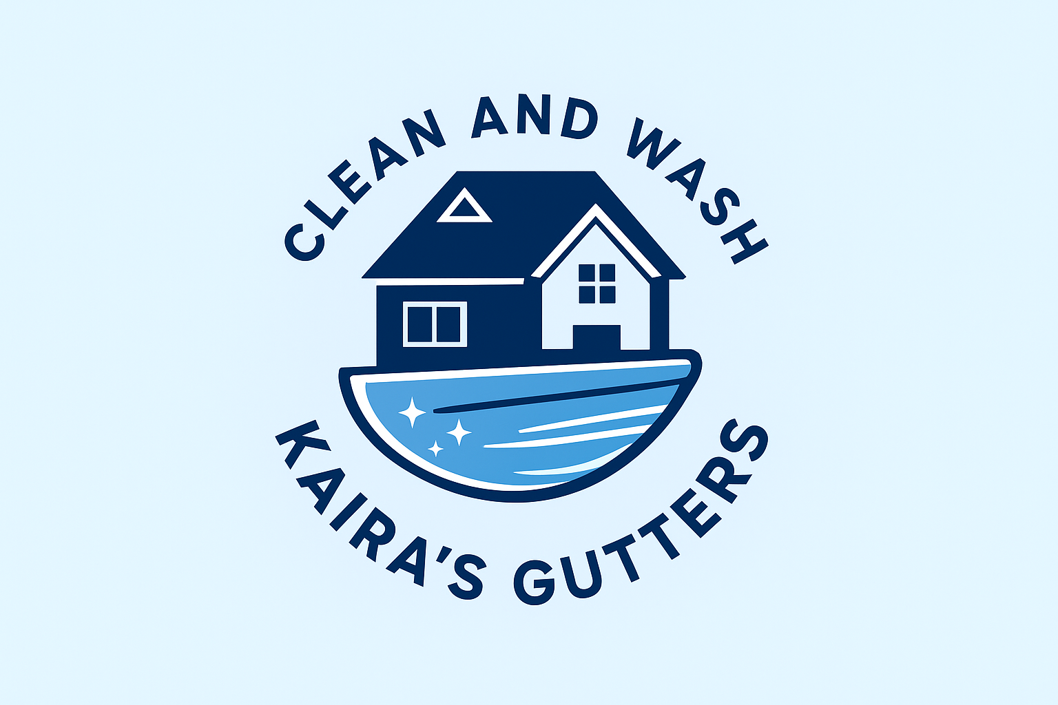 Logo for Kaira's Gutters featuring a house with a blue roof and windows, water with sparkles underneath, surrounded by the text 'Clean and Wash' above and 'Kaira's Gutters' below.