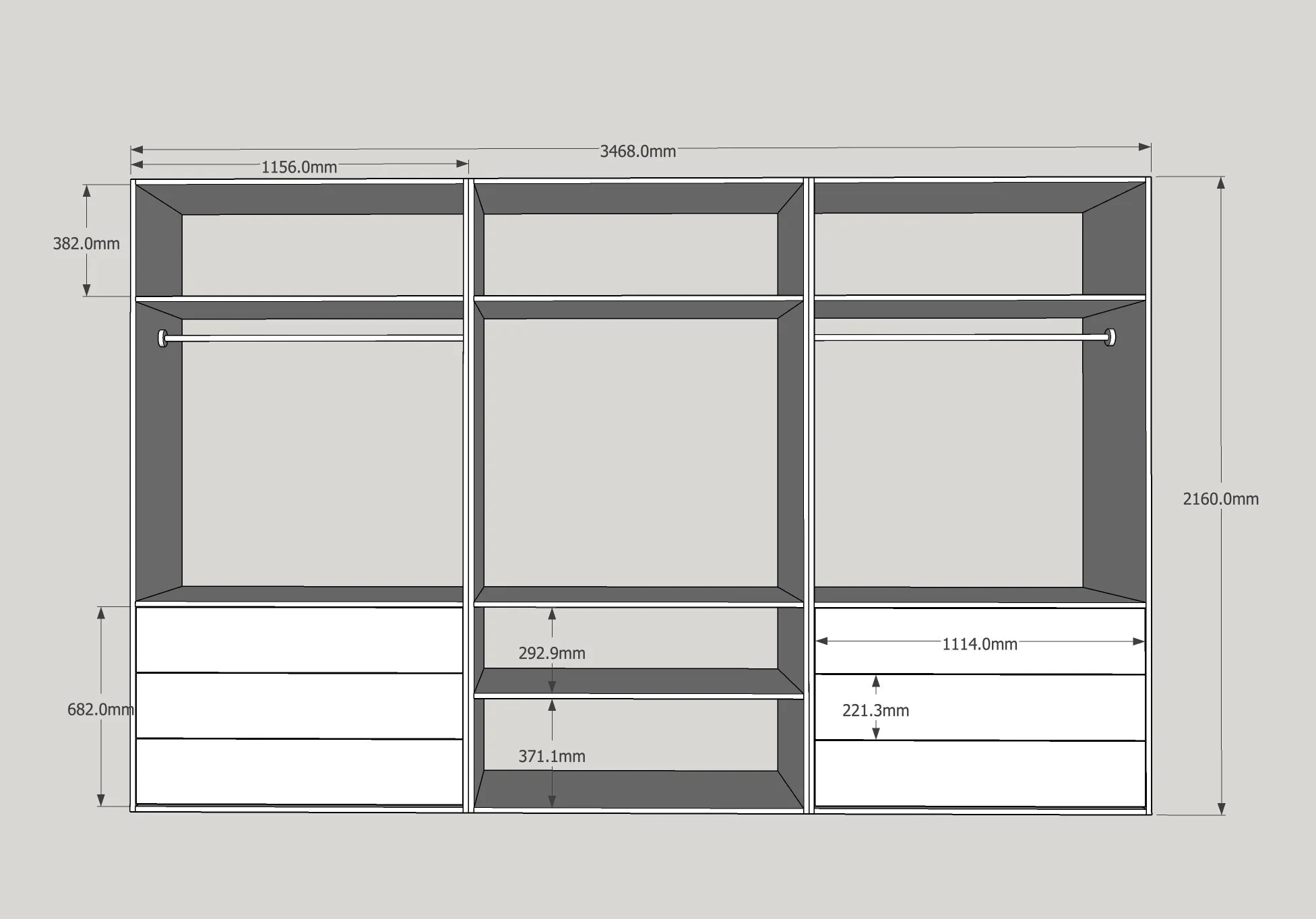 Technical drawing of a bespoke wardrobe with dimensions labeled in millimeters, showing compartments, shelves, and drawers.