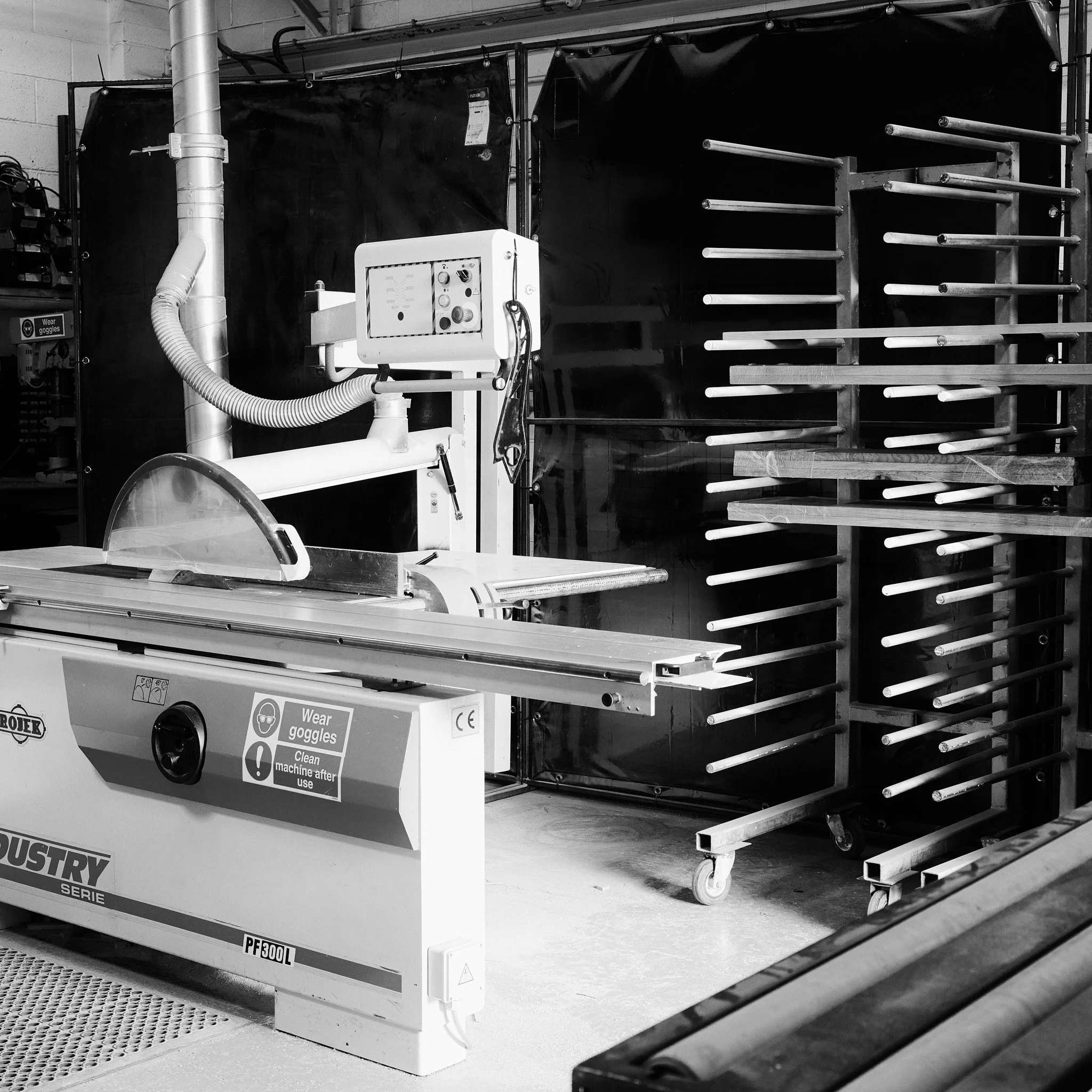 Custom joinery and bespoke furniture production inside our workshop, showing precision cutting and timber preparation
