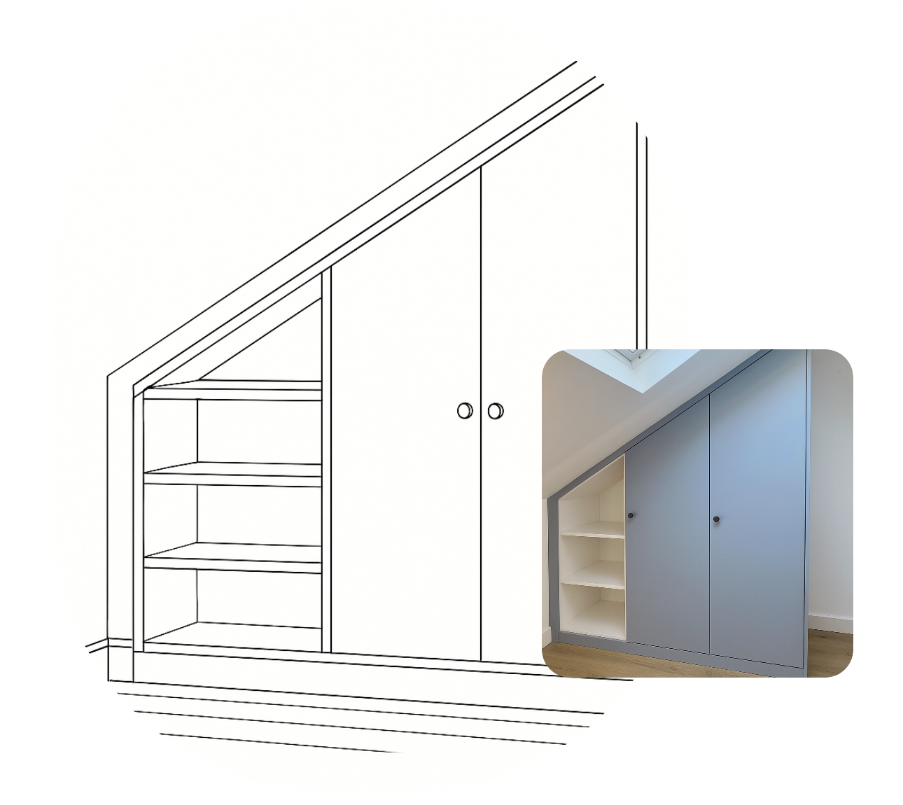 Design plan for a custom built-in under stairs cabinet with shelves and doors, shown as a line drawing and a completed painted example.
