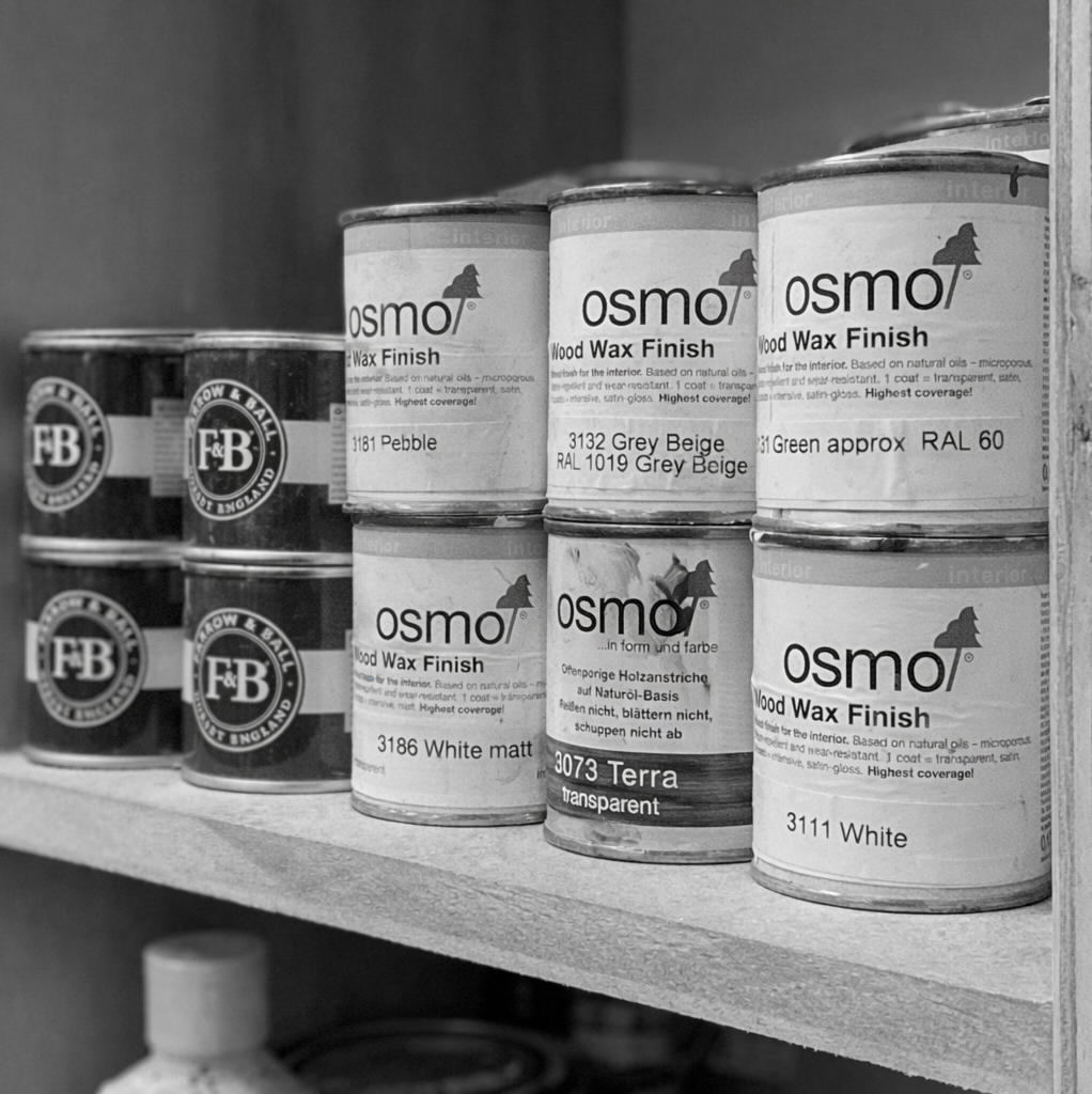 Range of wood finishes and paints used in our workshop for bespoke fitted and freestanding furniture