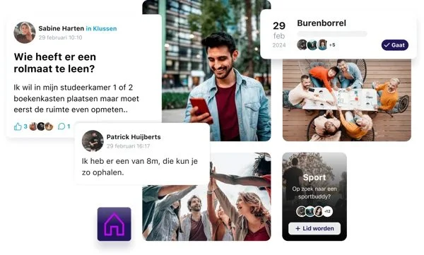 Screenshot van een sociale media feed met verschillende berichten en foto's, waaronder een man in een blauwe jas die op zijn telefoon kijkt, een groep mensen die samen een spelletje spelen, en plakkaten met tekst zoals 'Burenborrel' en 'Sport'.