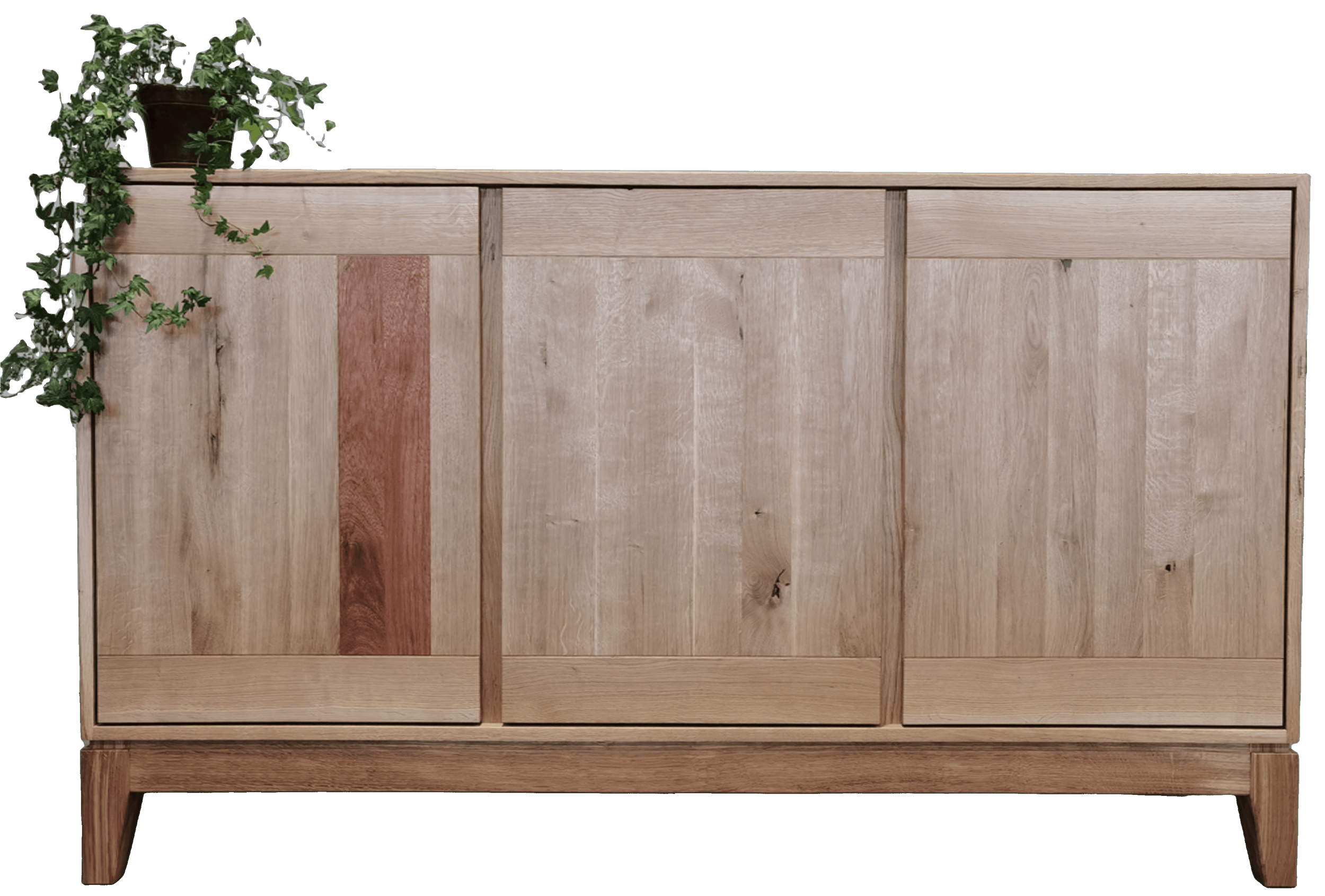 Ein Holzmöbelstück mit drei Türen, auf dem links eine Topfpflanze steht.