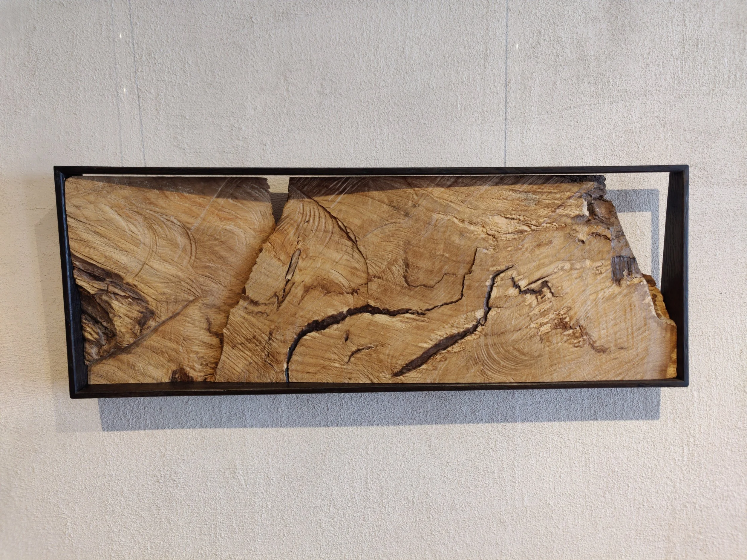 Ein Kunstwerk, das aus mehreren Holzstücken besteht, in einem schwarzen rechteckigen Rahmen präsentiert, hängt an einer hellen Wand.