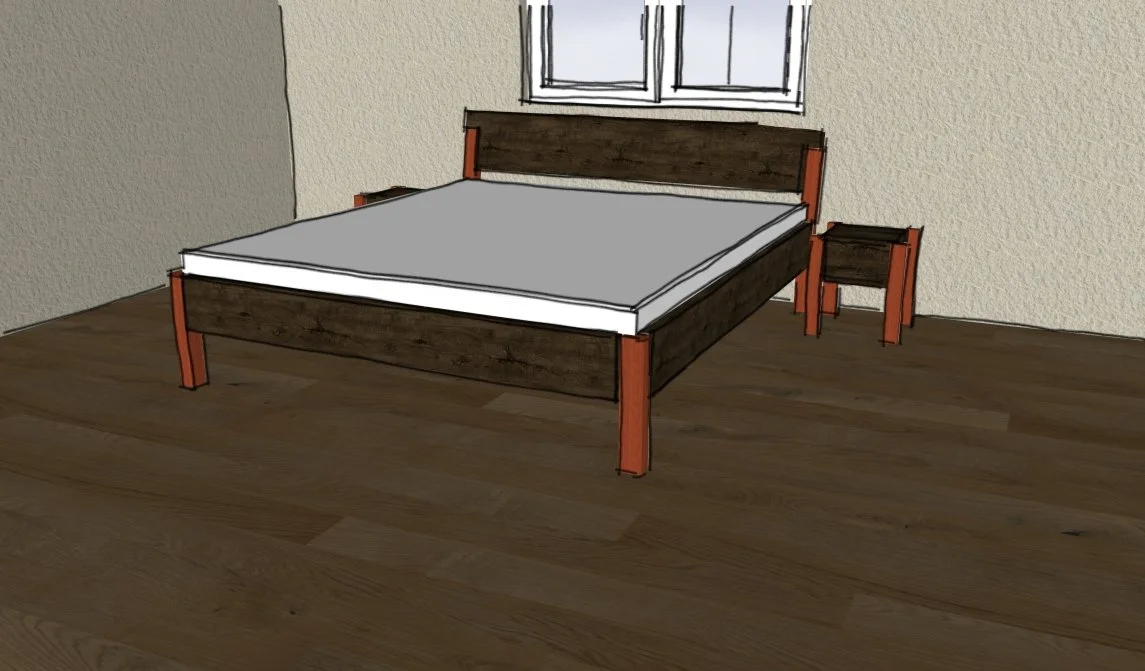 Ein Zimmer mit einem Bett, Nachttisch und Fenster, das Bett hat einen Holzrahmen.