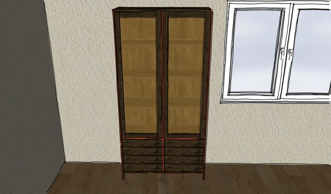 Ein Holzschrank mit Glastüren und Schubladen in einem Raum neben einem Fenster.