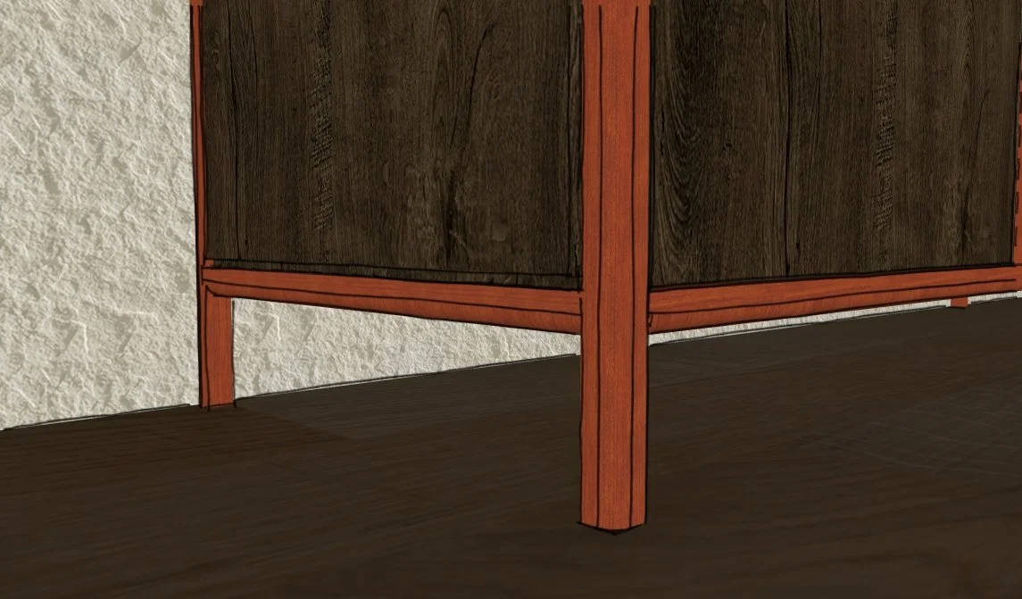 Ein Holzmöbelstück auf einem Holzboden mit einer weißen Wand im Hintergrund.