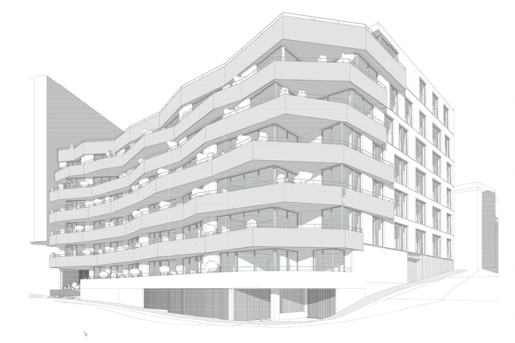 Dibujo arquitectónico de un edificio moderno de varios pisos con balcones curvos y amplios ventanales.