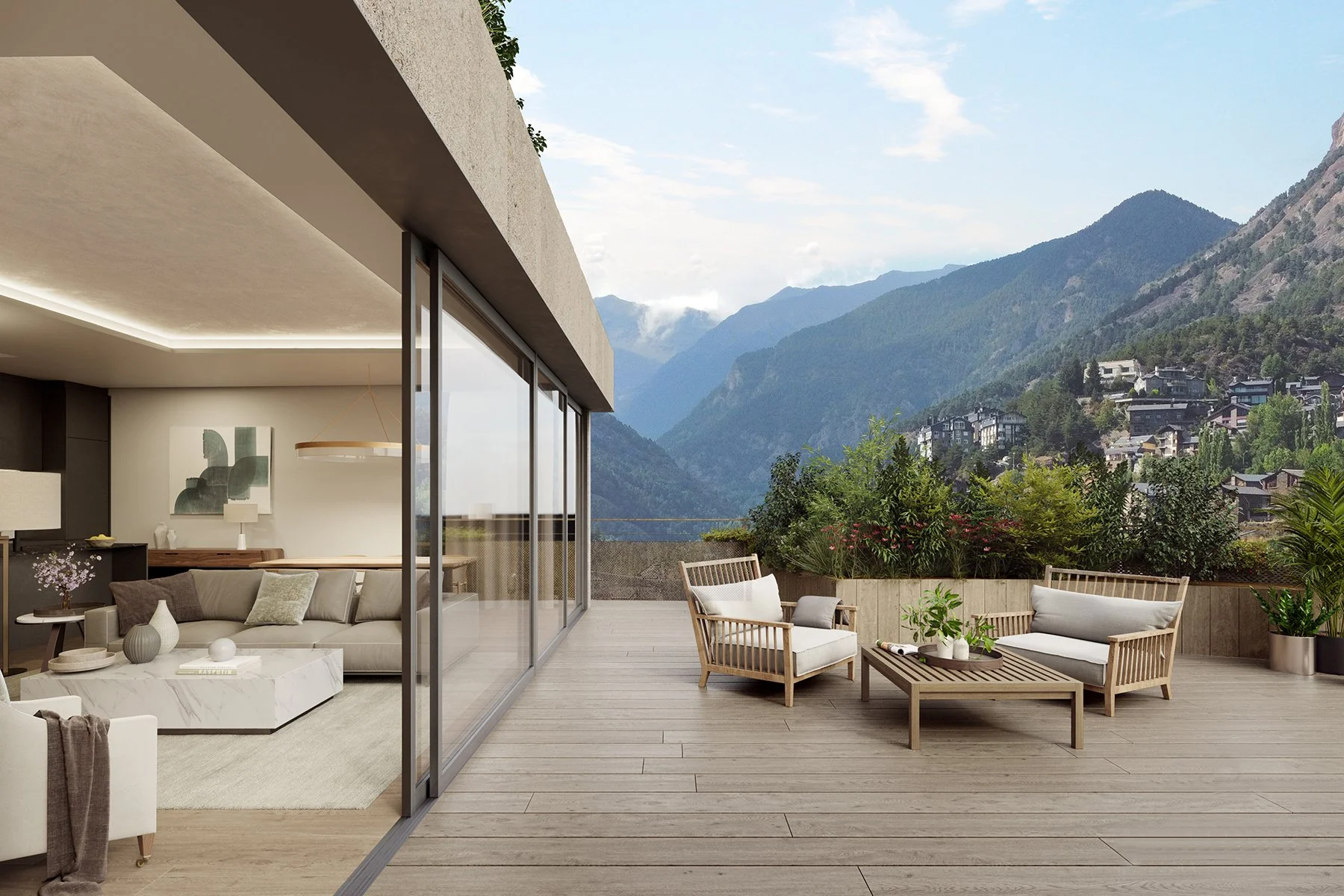 Terrraza con sillones de madera y cojines, rodeada de plantas y con vista a montañas.