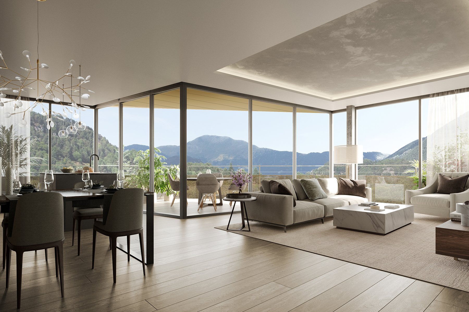 Sala de estar moderna con vistas a las montañas, sillones blancos, mesa de centro de mármol, lámpara y plantas, con área de comedor y balcón.