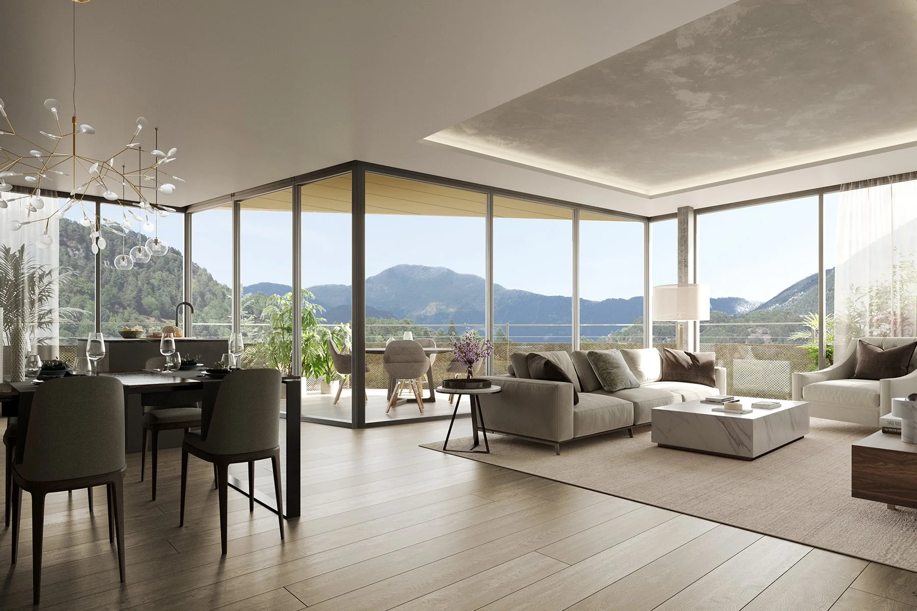 Sala de estar moderna con muebles claros, ventanas grandes con vista a montañas, mesa de comedor con sillas, plantas, y decoración minimalista.