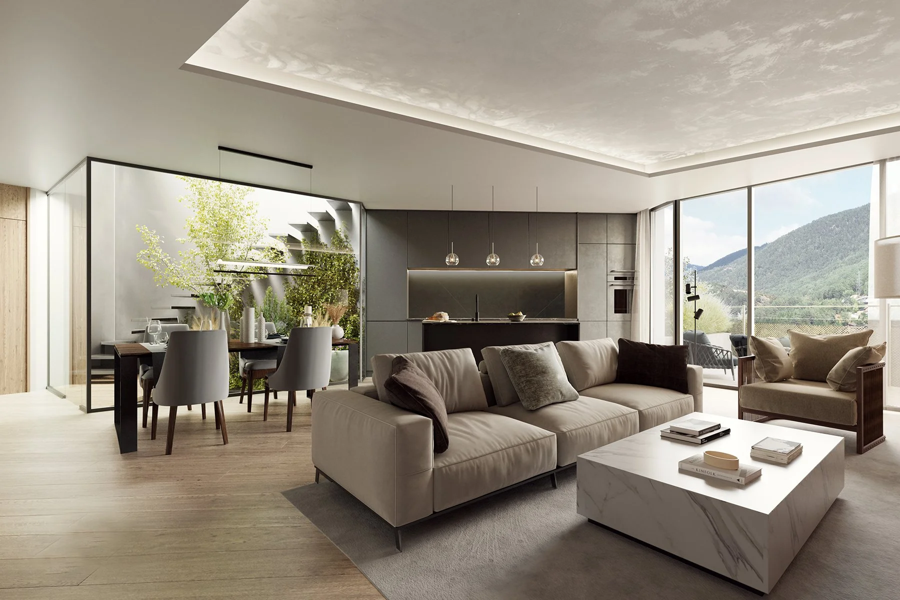 Sala moderna con sofá beige, mesa de centro de mármol, vista a un paisaje con montañas y ventanas grandes, comedor con sillas blancas, área con plantas y muebles minimalistas