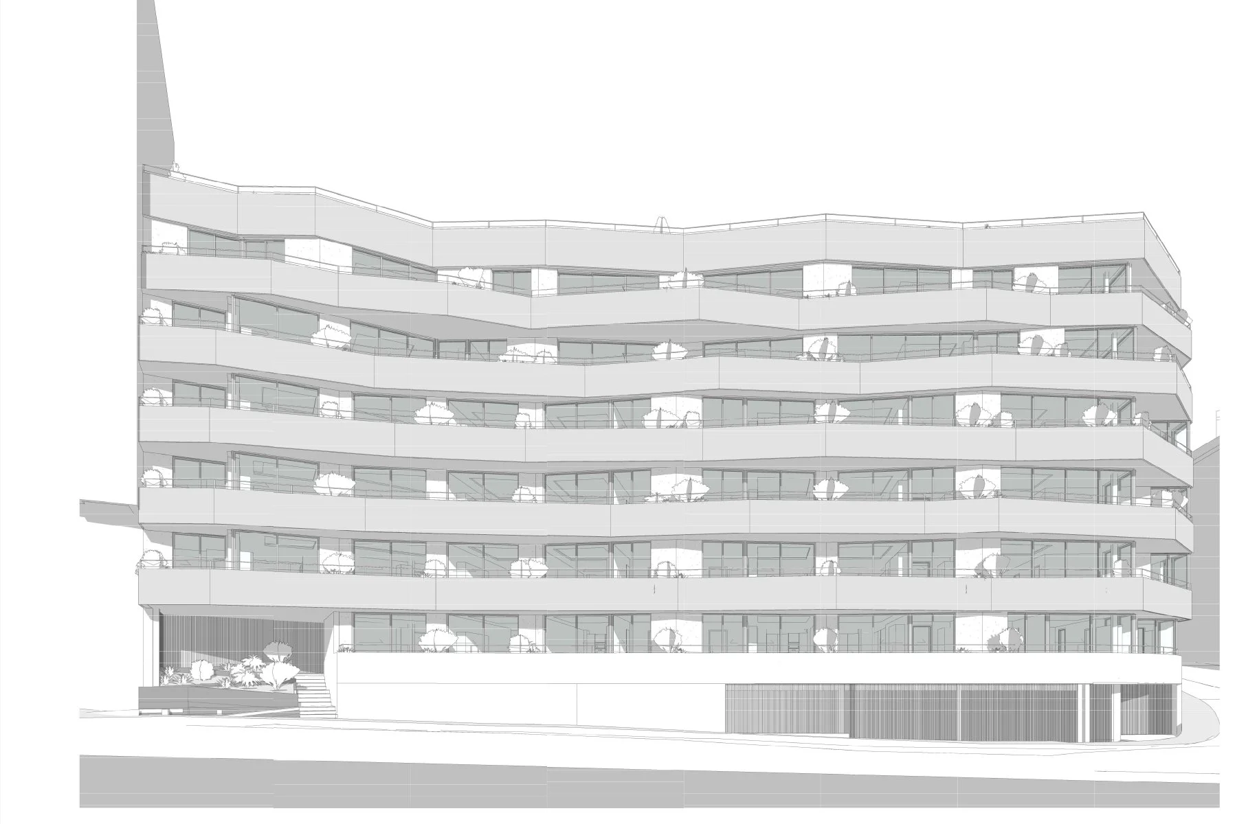 Dibujo arquitectónico de un edificio de varios pisos con balcones extensos, vegetación en los niveles inferiores y accesos con escaleras.