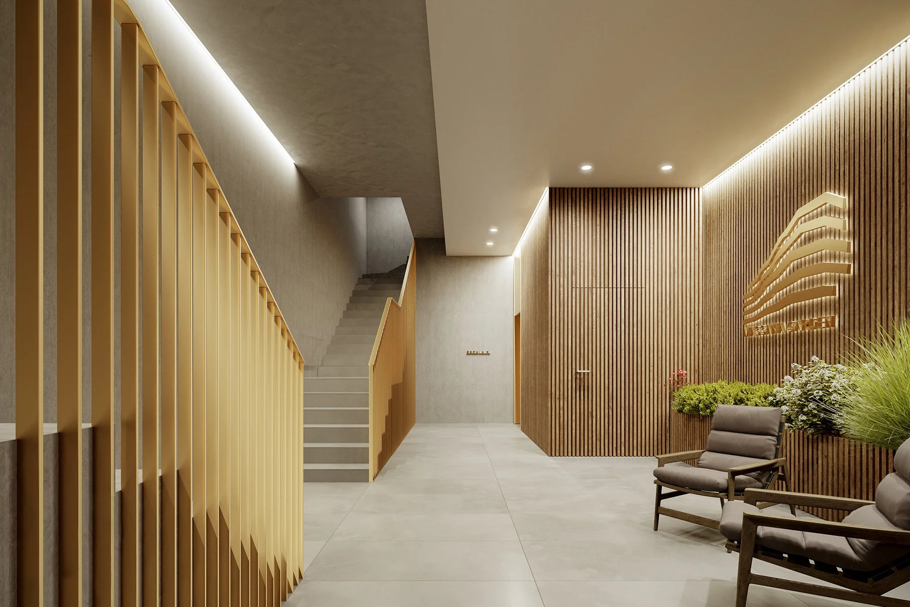 Vestíbulo moderno con paredes de madera, sillas de descanso y plantas decorativas.