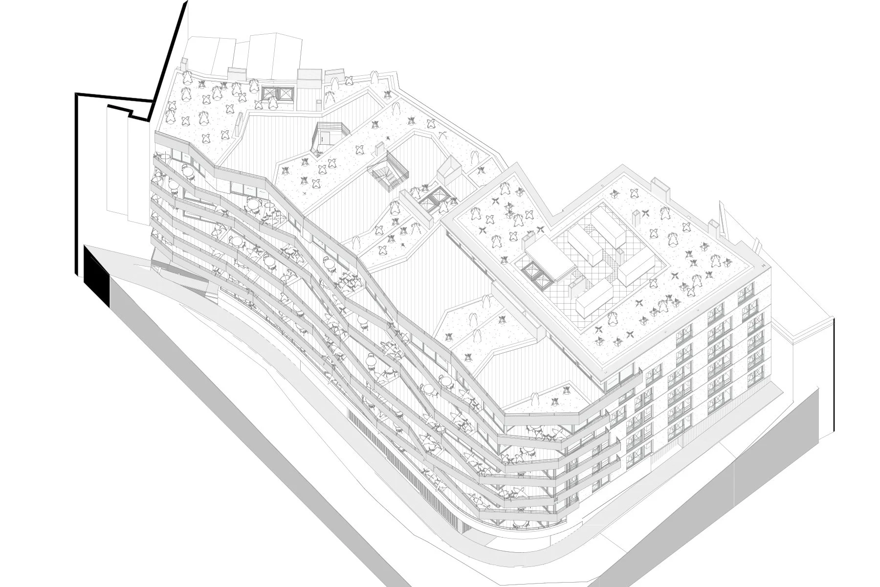Dibujo en perspectiva de un edificio moderno con techos ajardinados y múltiples terrazas.