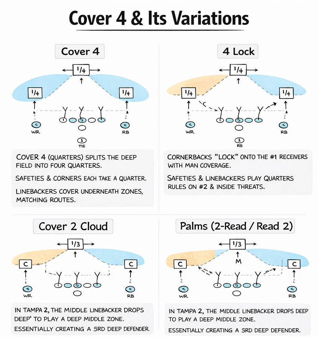 Diagram showing four football defensive coverages: Cover 4, Cover 4 Lock, Cover 2 Cloud, and Palms (2-Read / Read 2). Each section explains the coverage, including alignment, zone responsibilities, and key adjustments for deep-zone coverage, with diagrams of defensive backs and linebackers in relation to the offensive formation.