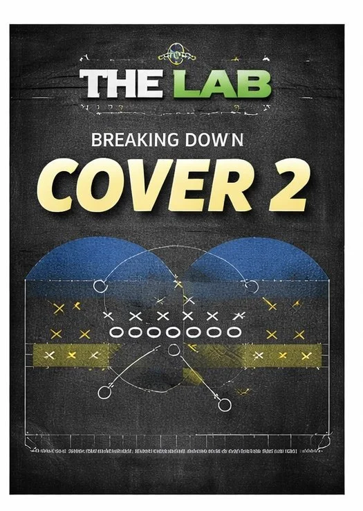 Illustration of a hockey strategy with diagrams, circles, and lines, over a chalkboard background, titled 'Breaking Down Cover 2' for a football play analysis. The top of the image has the text 'The Lab'.