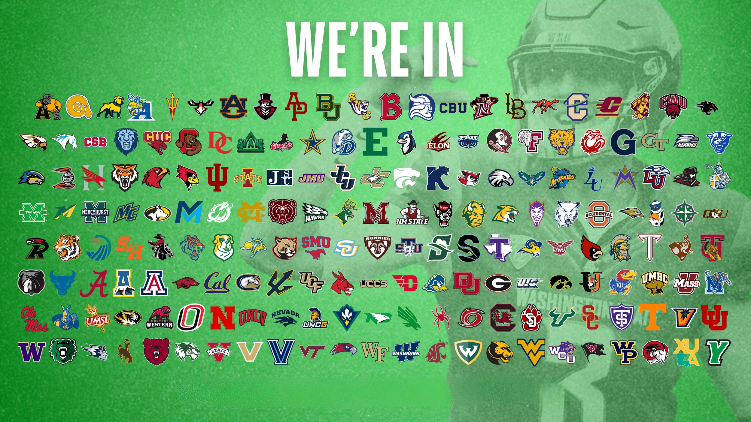 National college sports team logos arranged on a green background with the text "We're In" at the top.