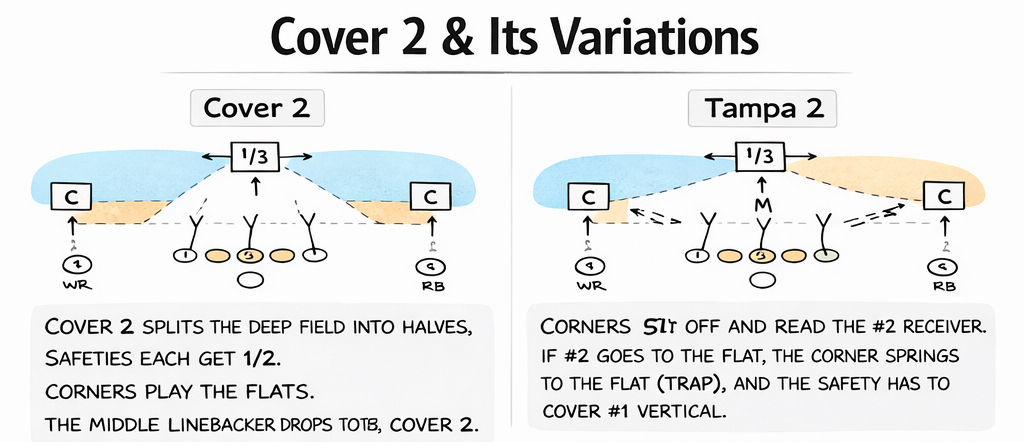 Diagram comparing Cover 2 and Tampa 2 football defensive coverages, illustrating player positioning and responsibilities.