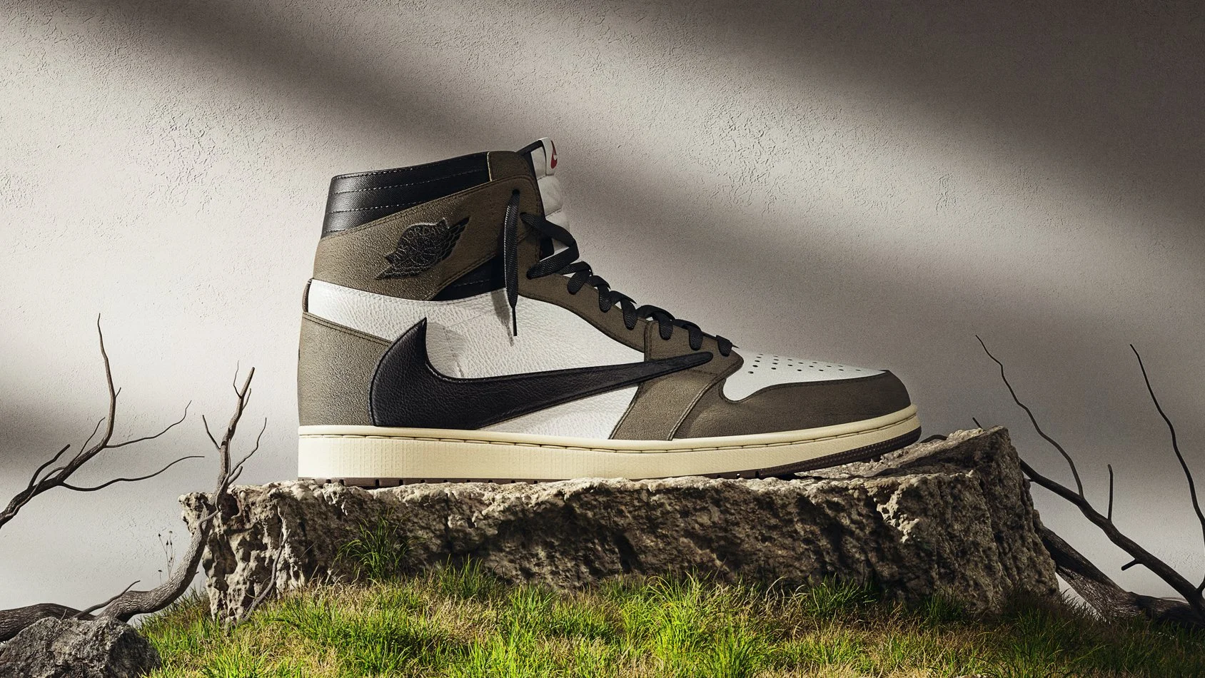travis scott jordan 1 in nature, created in blender 3d software, closeup, render, cgi