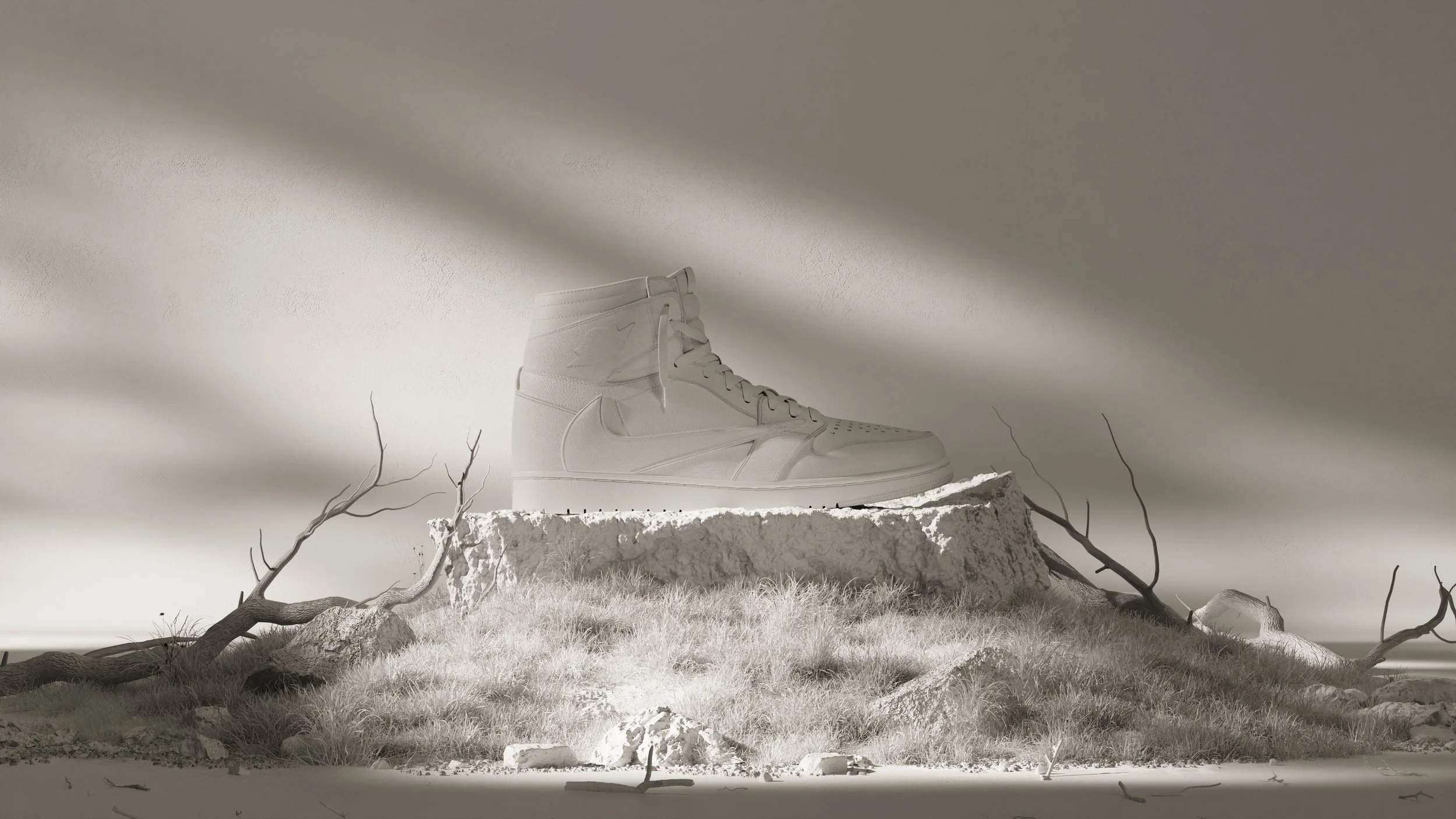 travis scott jordan 1 in nature, created in blender 3d software, clay render, cgi