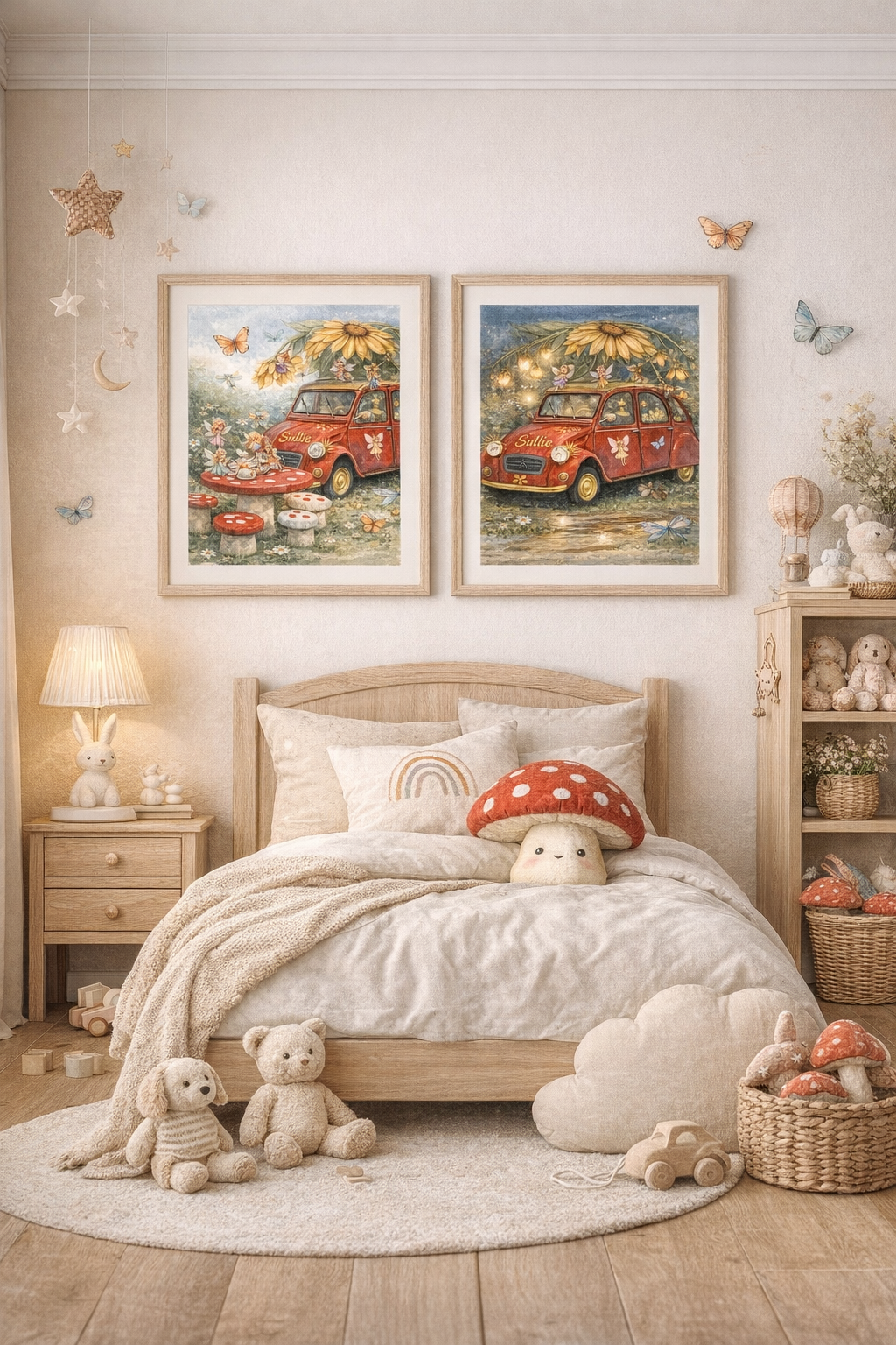 Calm children’s artwork featuring a small red car in a fairy garden surrounded by soft flowers and gentle nature elements, designed for a peaceful and imaginative space.