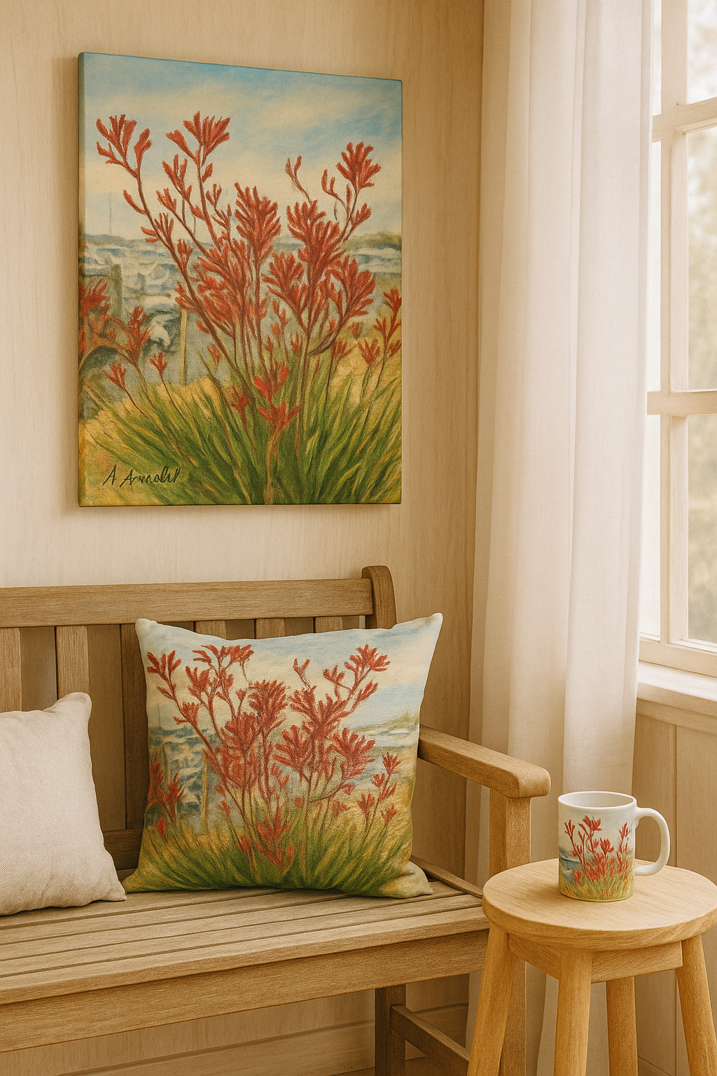 Decorative pillow with red plant design on a wooden bench next to a mug with matching plant design, placed on a small wooden table in a cozy room with beige walls, a painting of a red plant, and a window with white curtains.