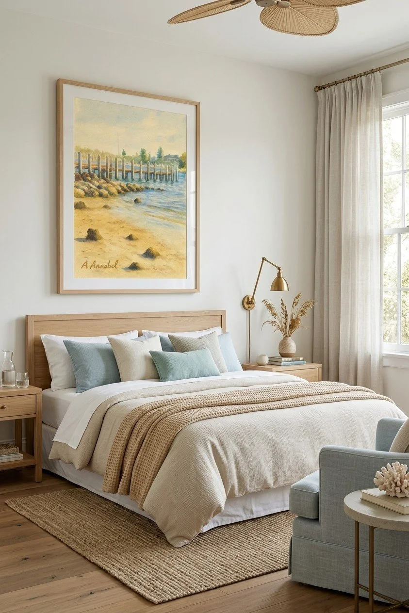 Calm coastal artwork featuring a quiet wooden jetty extending into still water under a soft sky, designed to create a peaceful and visually restful environment.