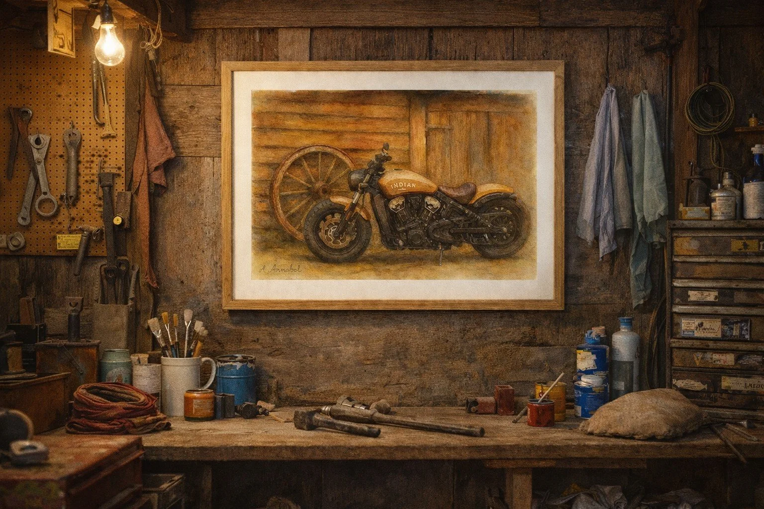 Painted artwork of a vintage motorcycle with a wagon wheel in the background, hanging on a rustic wooden wall in a workshop.