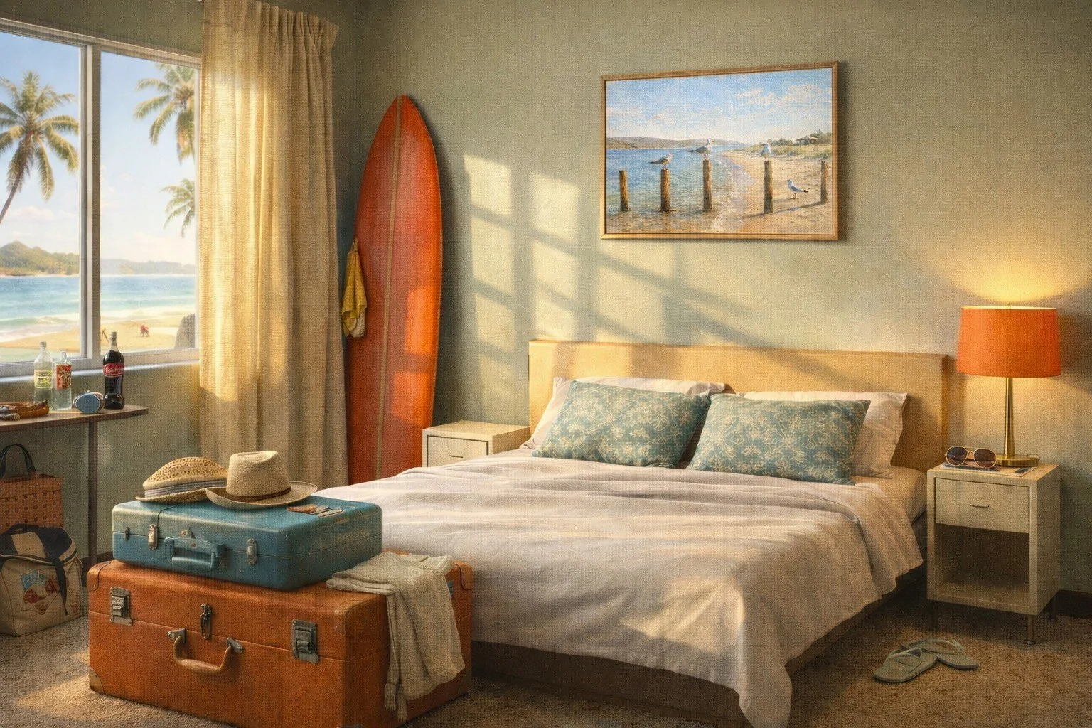 Beachside hotel room with a view of the ocean, surfboard leaning against the wall, suitcase on the bed, and beach accessories on a window sill.