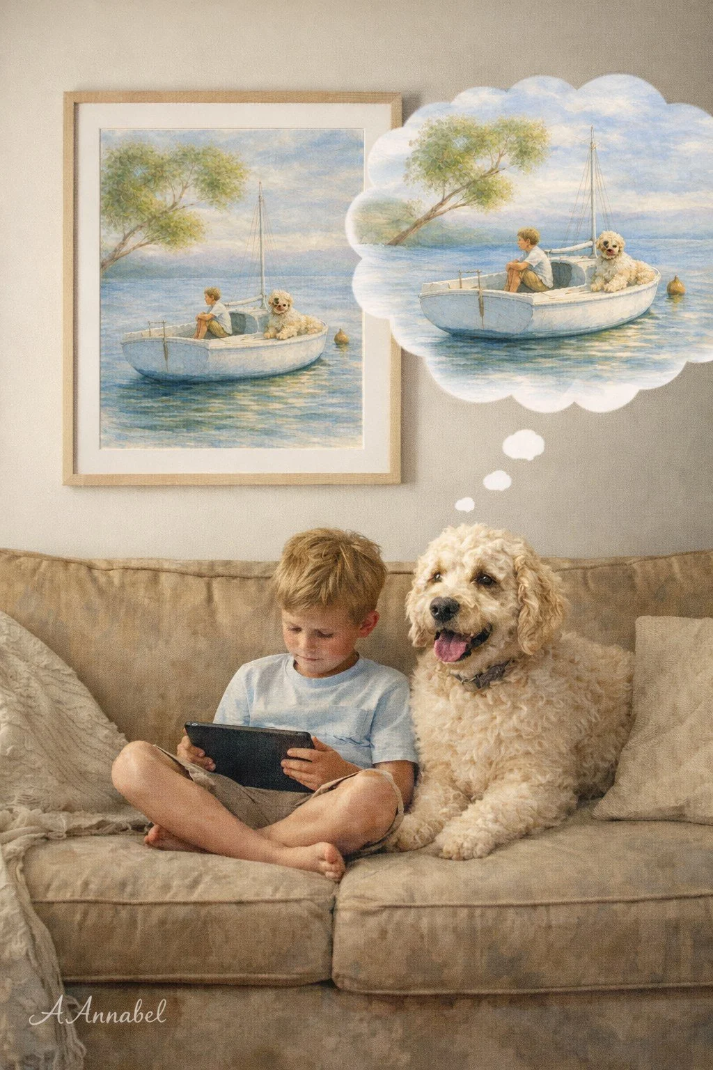 A young boy sitting on a beige couch with a large, curly-haired dog beside him, both looking at a tablet. A thought bubble shows the boy and dog in a boat on water near a tree.